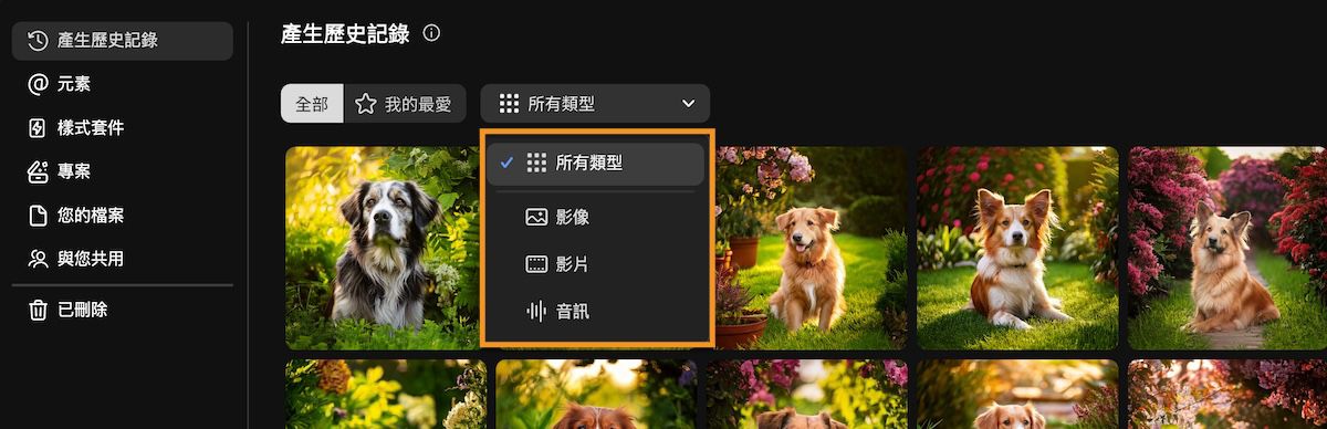 Firefly 的「產生歷史記錄」標籤包含下拉式選單，可依影像、影片、音訊或全部來篩選生成內容類型。