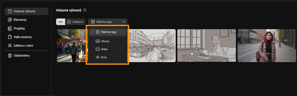 Karta Historie výtvorů ve Firefly obsahuje rozbalovací nabídku pro filtrování typů generovaných výtvorů podle obrázků, videa, zvuku nebo všech položek.