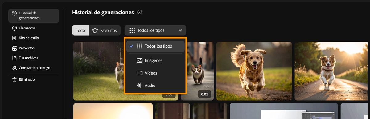 La pestaña Historial de generaciones de Firefly incluye un menú desplegable para filtrar tipos de generación por imagen, vídeo, audio o todos.