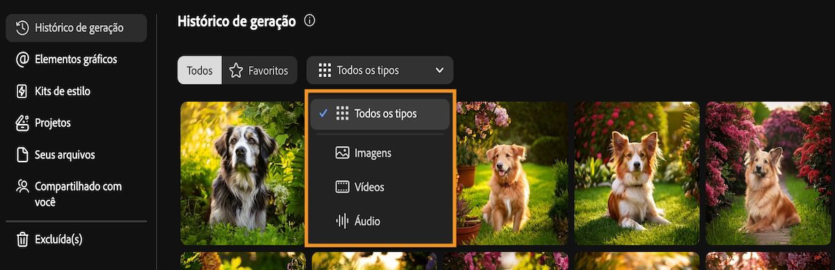 A guia Histórico de geração do Firefly inclui um menu suspenso para filtrar os tipos de geração por imagem, vídeo, áudio ou todos.