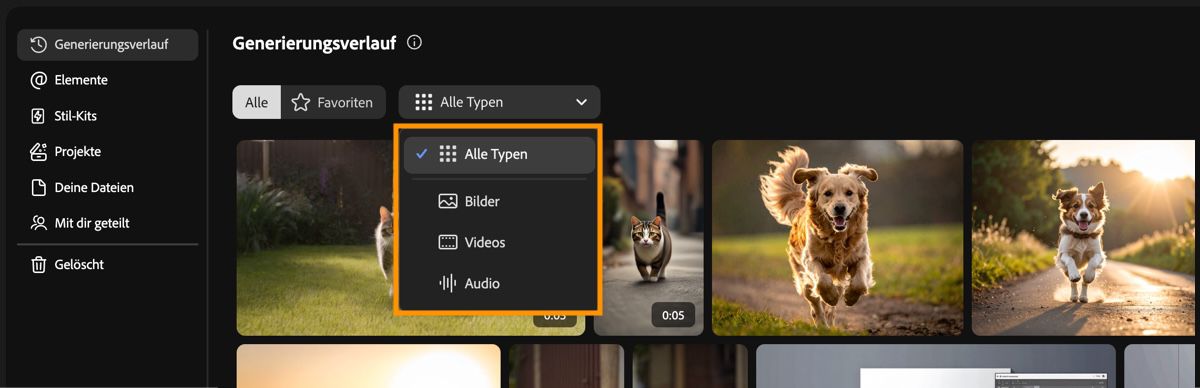 Der Generierungsverlauf-Tab von Firefly enthält ein Dropdown-Menü zum Filtern von Generierungstypen nach Bild, Video, Audio oder Allen.