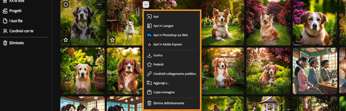 La scheda Cronologia generazione mostra il menu contestuale di un file con le opzioni per Apri, Apri in Lavagne Firefly, Scarica, Condividi e Aggiungi a.