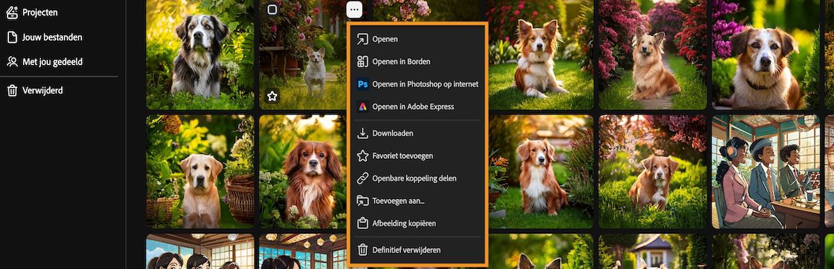 Tabblad Generatiehistorie toont een contextmenu van het bestand met opties om te openen, openen in borden, downloaden, delen of toevoegen aan.