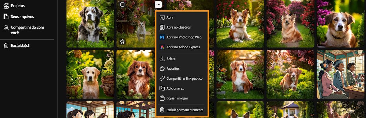 A guia Histórico de geração mostra o menu de contexto de um arquivo com opções para abrir, abrir em quadros, fazer download, compartilhar ou adicionar ao.