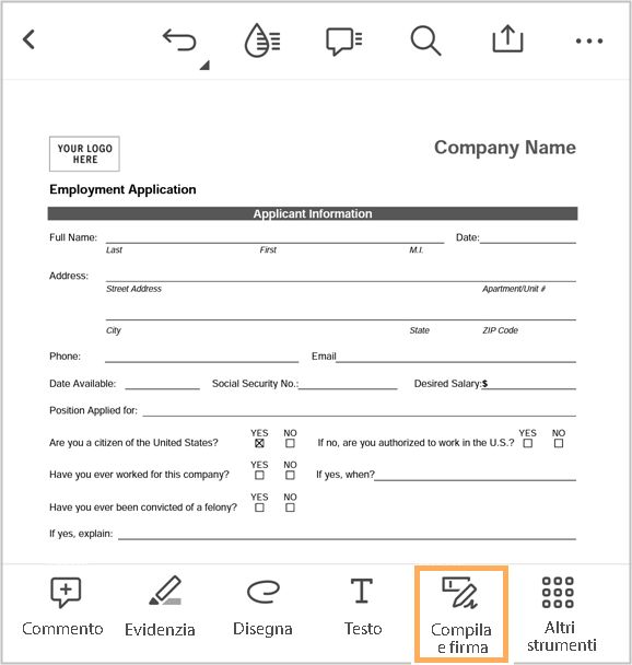 Compila i moduli PDF nell’app Acrobat per iOS.