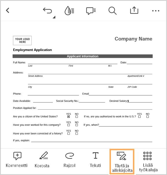 Täytä PDF-lomakkeita Acrobat iOS -sovelluksella.