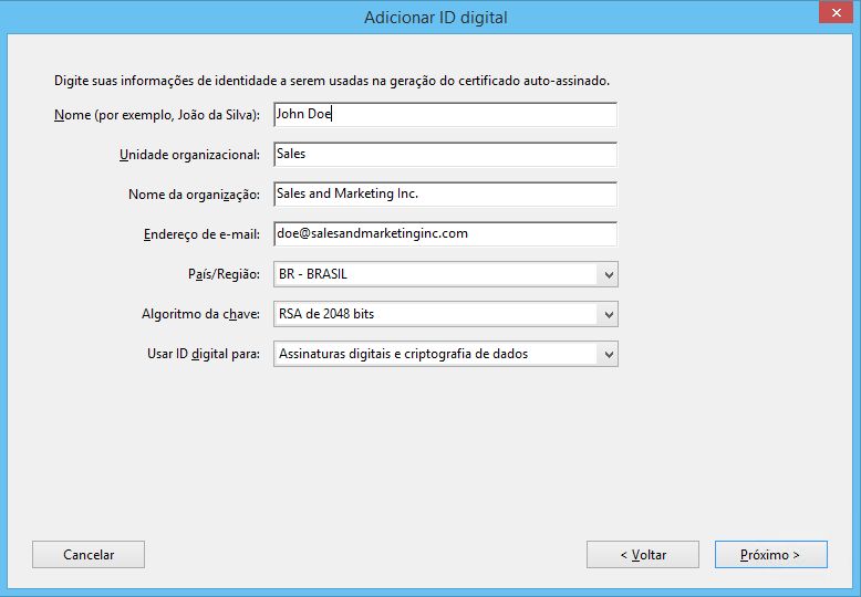 Inserir suas informações de identidade