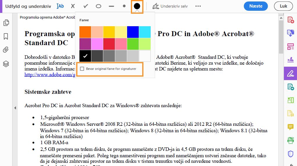 Farvetilpasning i Udfyld og underskriv-værktøjet