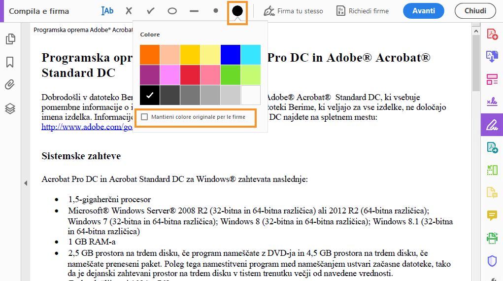 Personalizzazione del colore nello strumento Compila e firma