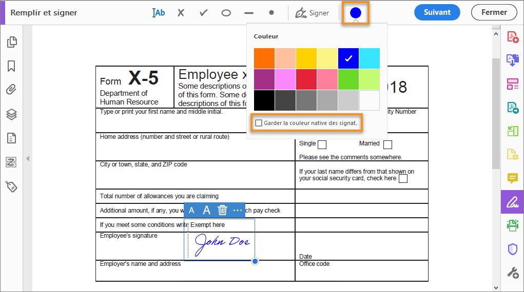 Personnalisation des couleurs dans l’outil Remplir et signer