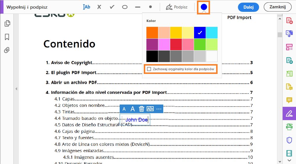 Dostosowywanie kolorów narzędzia Wypełnij i podpisz