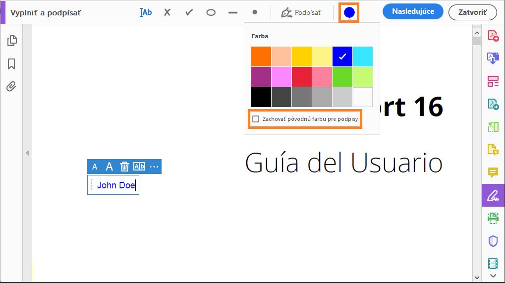 Prispôsobenie farieb nástrojov funkcie Fill & Sign