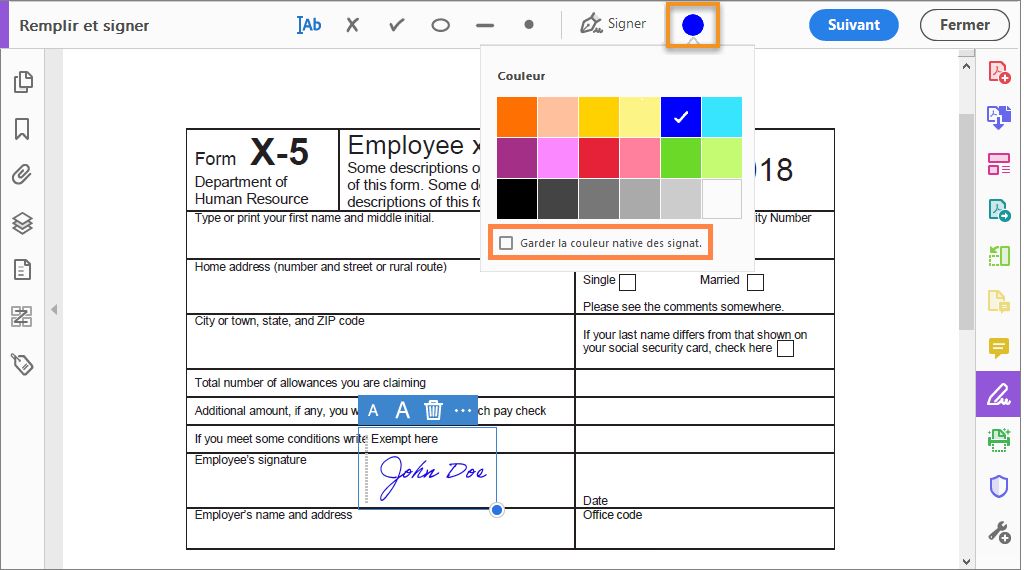 Choisir la couleur des outils de remplissage et de signature