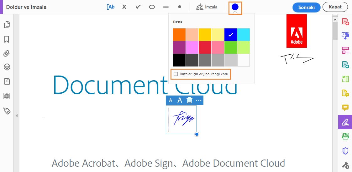 Doldur ve İmzala aracında renk özelleştirmesi