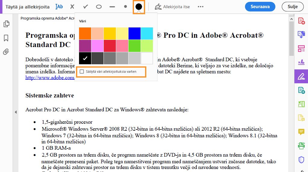 Värien mukauttaminen Täytä ja allekirjoita -työkalussa