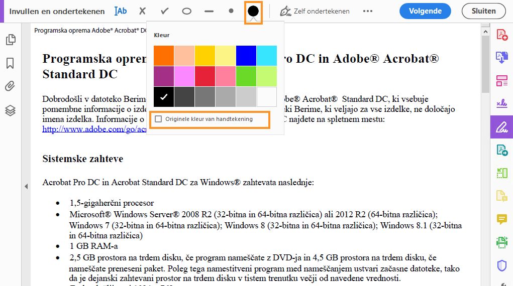 Kleuraanpassing in de tool Invullen en ondertekenen