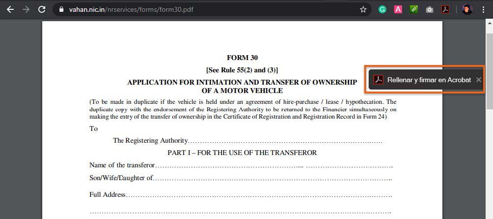 Opción Rellenar y firmar en la extensión de Acrobat para Google Chrome