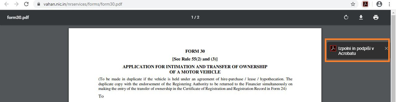 Možnost za izpolnjevanje in podpisovanje v Acrobatovi razširitvi v brskalniku Google Chrome