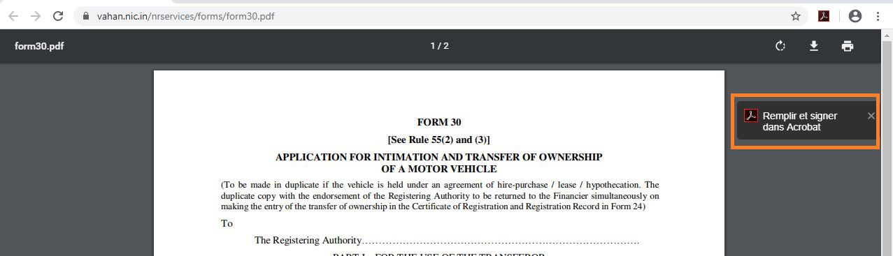 Option Remplir et signer dans l’extension Acrobat de Google Chrome
