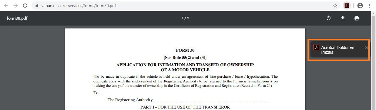 Google Chrome'da Acrobat uzantısındaki Doldur ve İmzala seçeneği