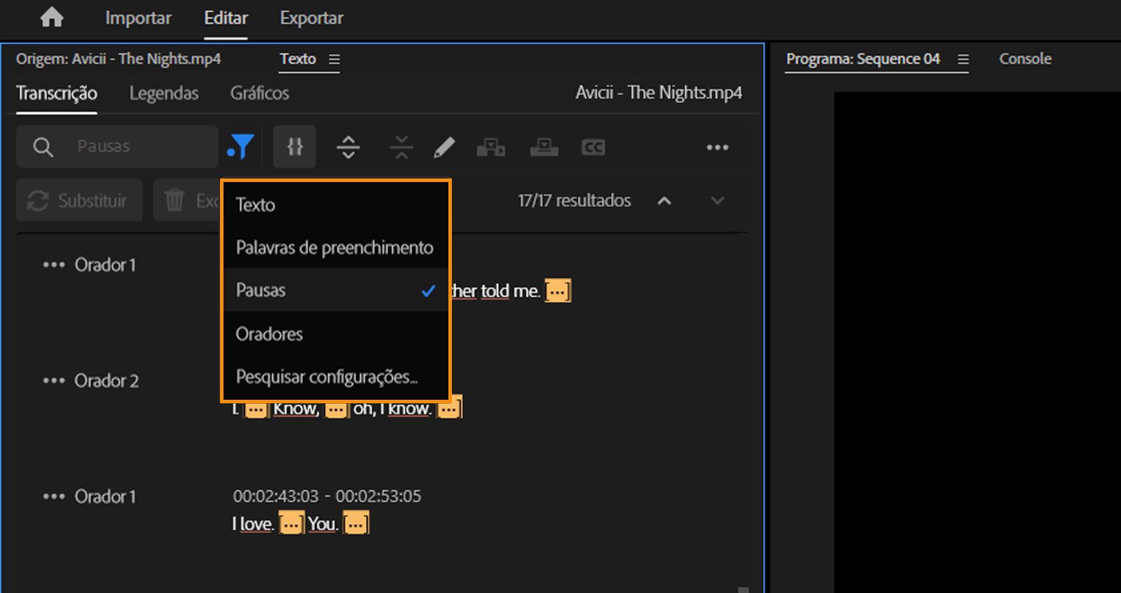 A guia Transcrição do painel Editar aberta. O ícone de filtro selecionado, oferecendo opções para escolher entre Texto, Palavras desnecessárias e Pausas. A opção Pausas marcada.