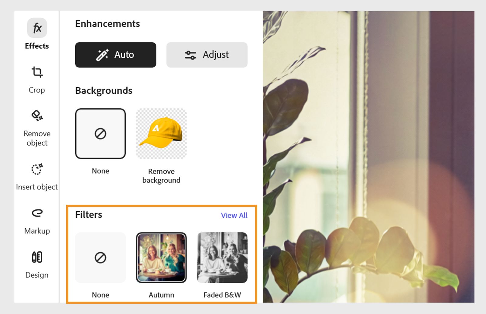 A imagem mostra o painel Filtros à esquerda. Selecione um filtro da lista de vários filtros para aprimorar a imagem. 