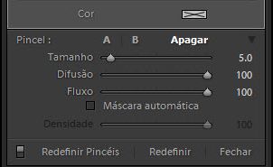 Lightroom Configurações de um pincel de filtro