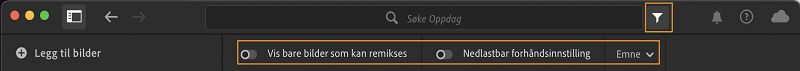 Filtreringsalternativ i fellesskapet i Lightroom for datamaskin.