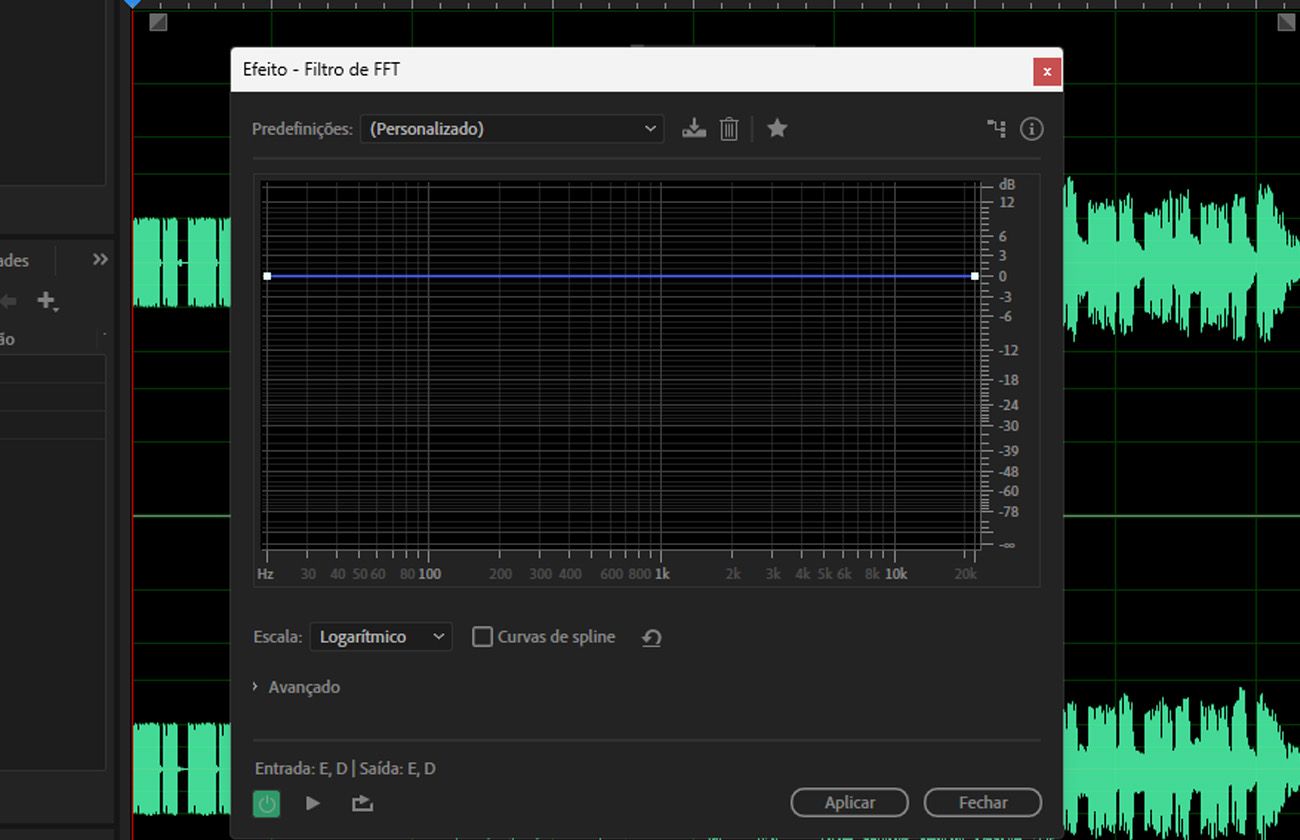 A caixa de diálogo do efeito Filtro FFT está aberta e tem um gráfico de frequência que permite desenhar curvas de filtro personalizadas para modelagem espectral precisa.