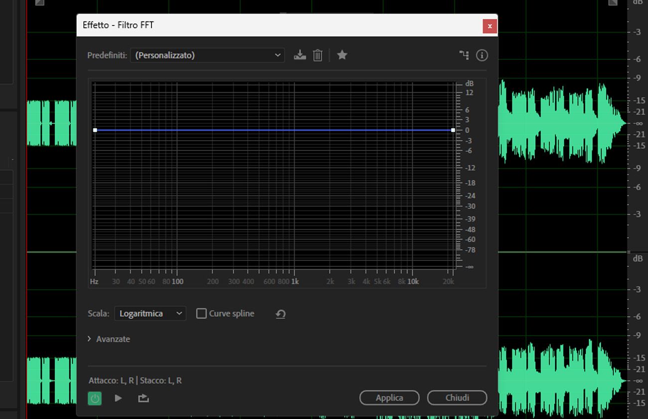 La finestra di dialogo dell'effetto FFT Filter è aperta e presenta un grafico delle frequenze che consente di disegnare curve di filtro personalizzate per una modellazione spettrale precisa.