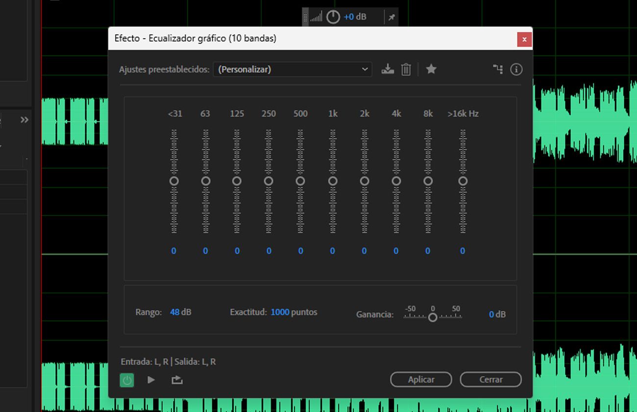 El cuadro de diálogo del efecto Graphic Equalizer está abierto y tiene múltiples controles deslizantes de banda de frecuencia para amplificar o reducir rangos de frecuencia específicos.