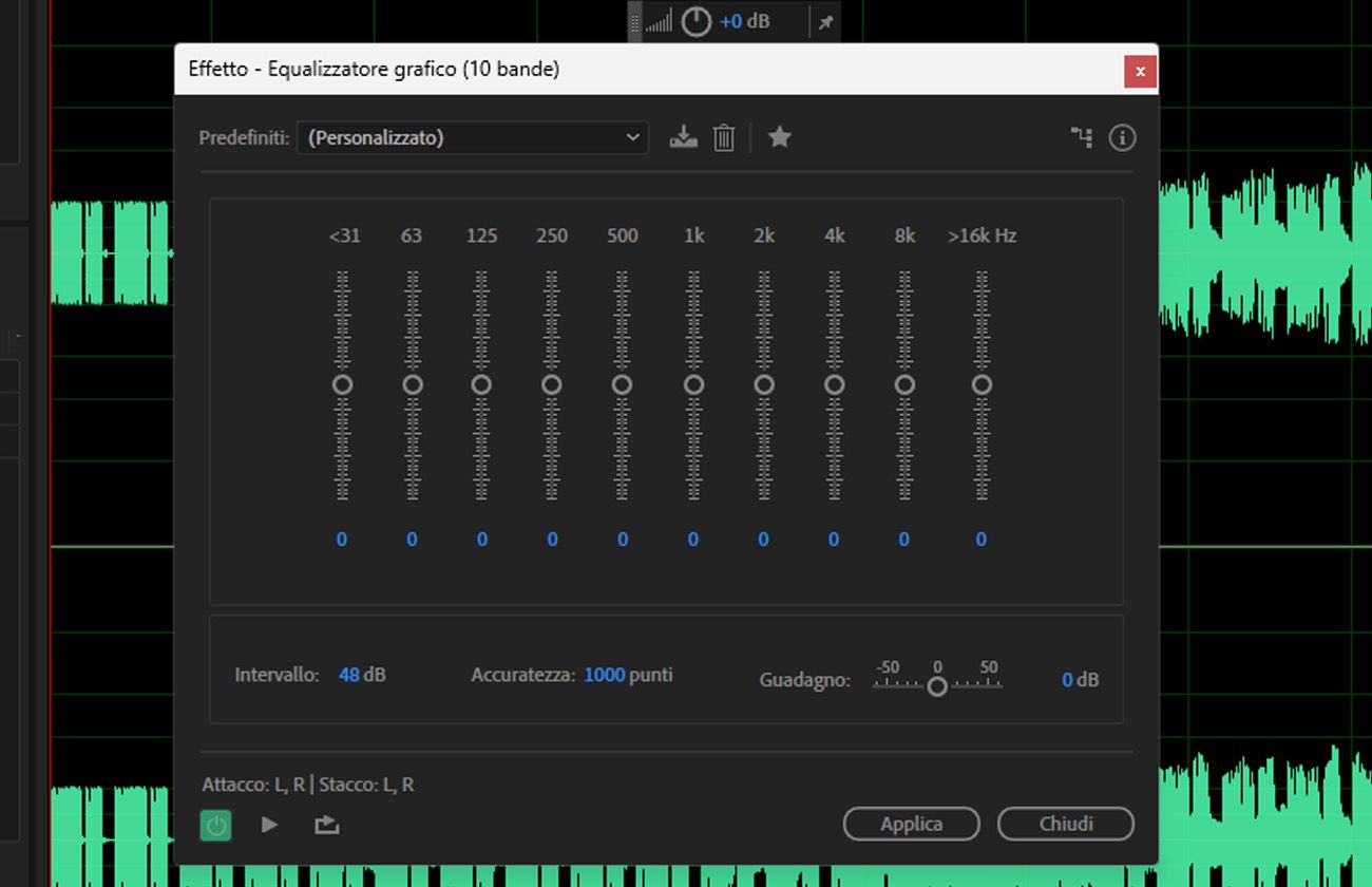La finestra di dialogo dell'effetto Graphic Equalizer è aperta e presenta più cursori di banda di frequenza per amplificare o ridurre intervalli di frequenza specifici.
