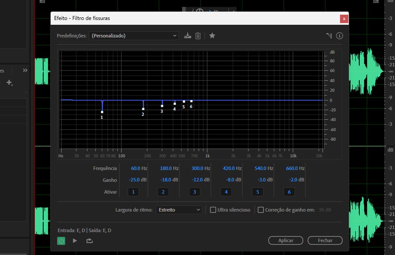 A caixa de diálogo do efeito Filtro Notch está aberta e inclui filtros passa-alta e passa-baixa, bem como filtros de prateleira alta e baixa.
