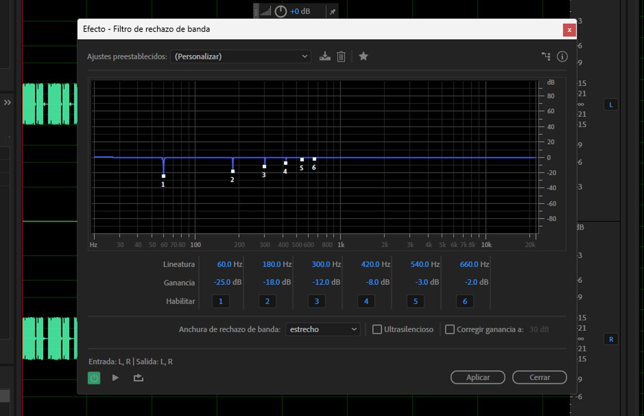 El cuadro de diálogo del efecto Notch Filter está abierto e incluye filtros paso alto y paso bajo, así como filtros de estantería altos y bajos.