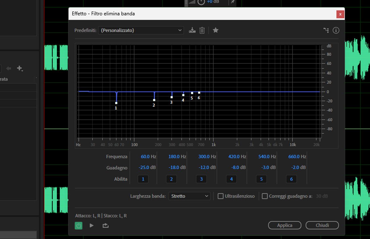 La finestra di dialogo dell'effetto Notch Filter è aperta e include filtri passa-alto e passa-basso, oltre a filtri shelving alti e bassi.