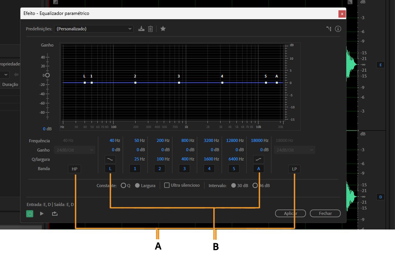 A caixa de diálogo do efeito Equalizador Paramétrico está aberta e tem filtros passa-alta e passa-baixa, bem como filtros de prateleira alta e baixa destacados.