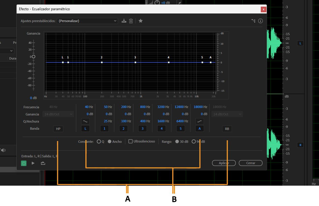 El cuadro de diálogo del efecto Parametric Equalizer está abierto y tiene filtros paso alto y paso bajo, así como filtros de estantería altos y bajos resaltados.