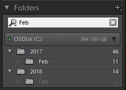 Mappepanel som viser filtrert resultat basert på den angitte søketeksten.