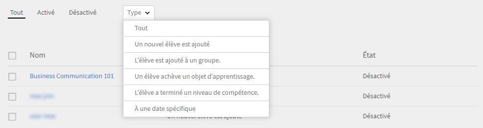 Filtrer un plan d’apprentissage