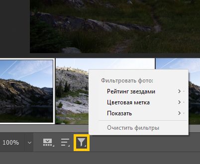 Filtrar fotos na tira de filme do Camera Raw