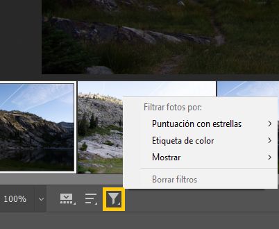 Filtrar fotos en la tira de diapositivas de Camera Raw