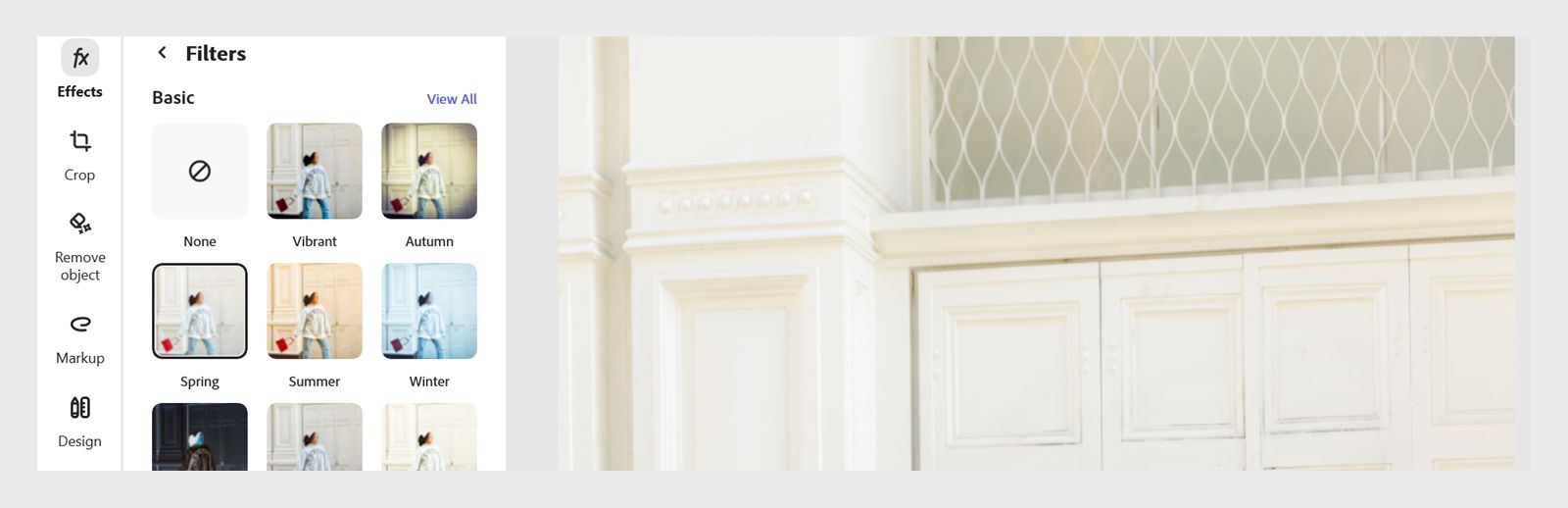 图像显示左侧的“滤镜”面板。 从多个滤镜列表中选择一个滤镜来增强图像效果。 