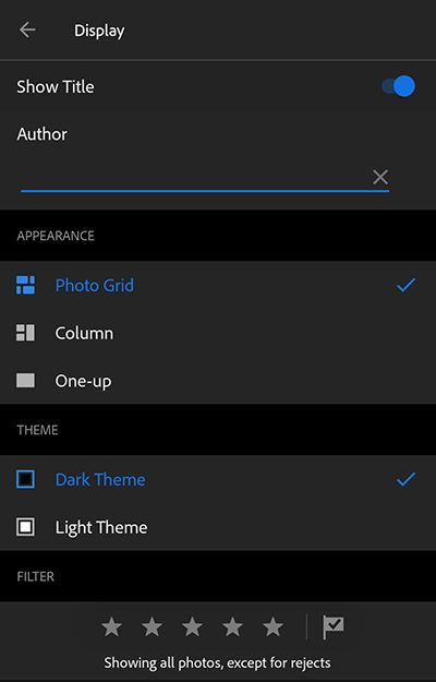 Skjermalternativer i Lightroom CC for mobilenheter (Android)