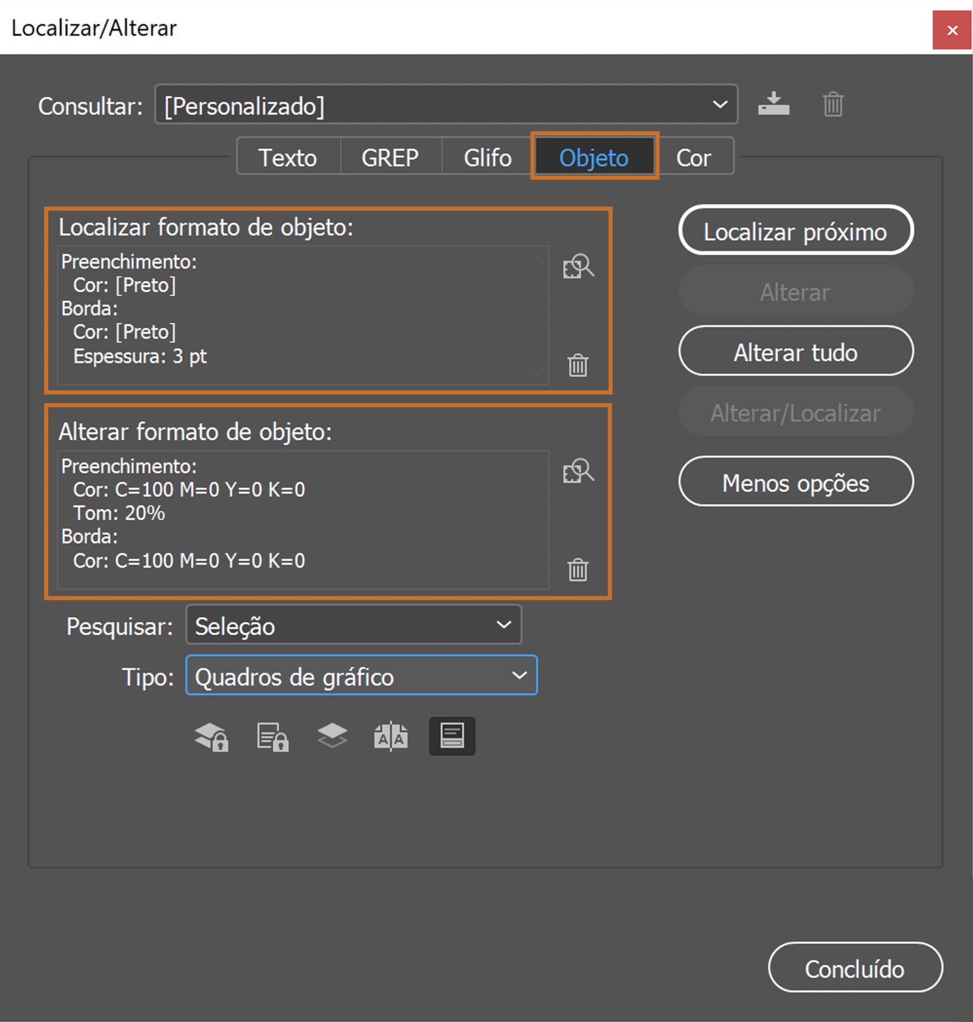 Painel Localizar/Alterar com a guia Objeto selecionada 