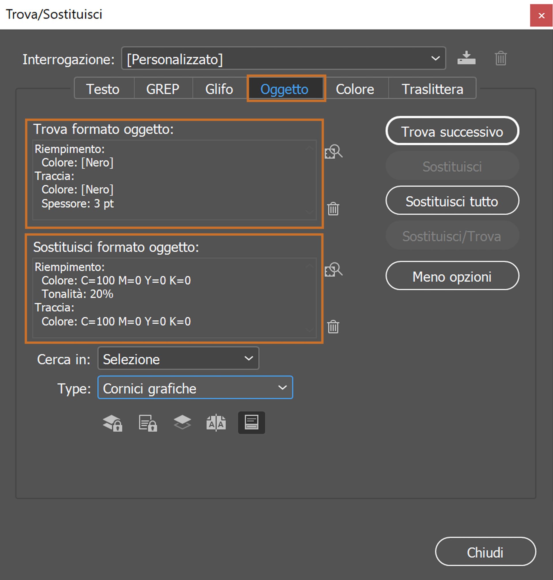 Pannello Trova/Sostituisci con la scheda Oggetto selezionata 