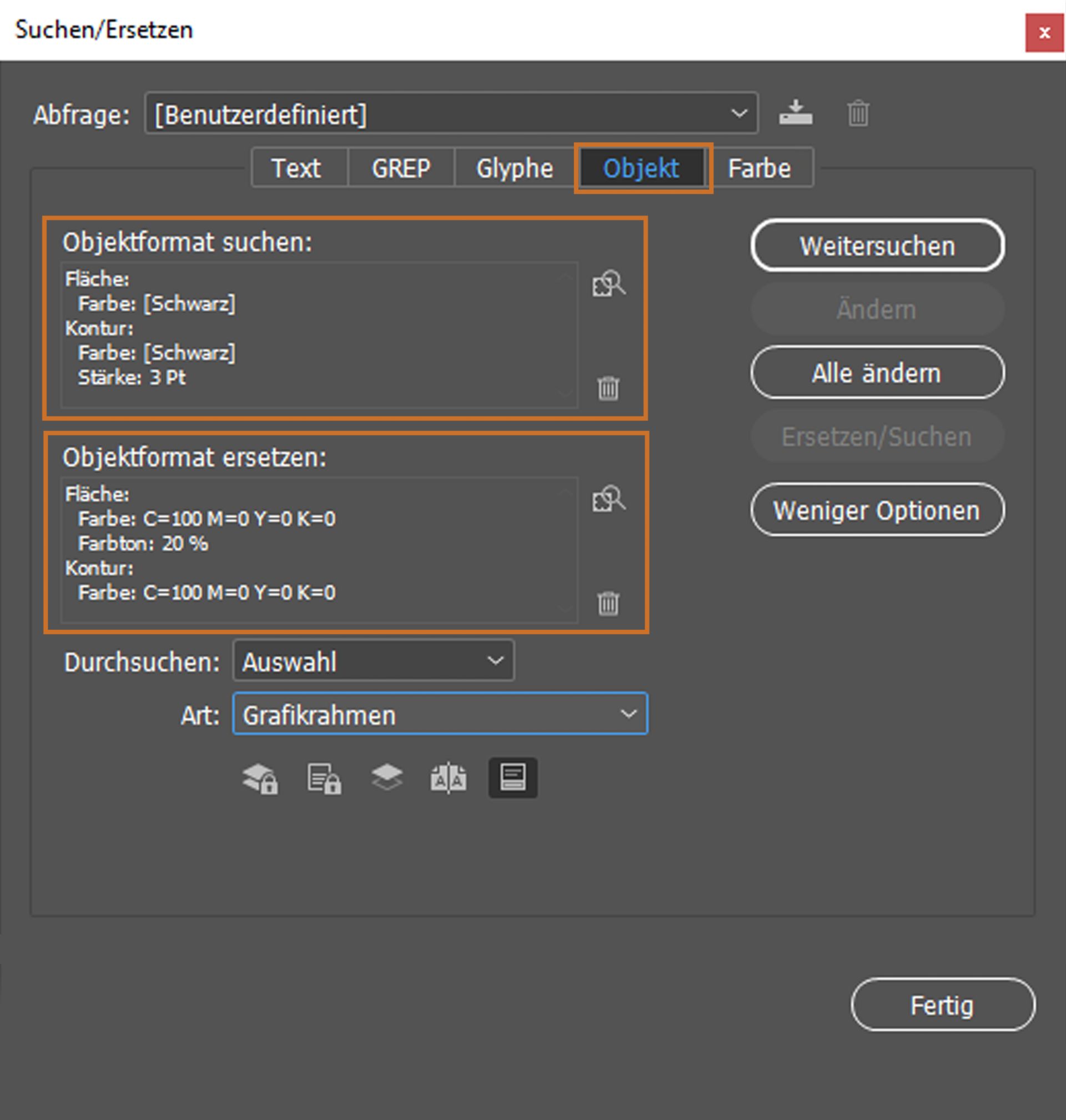 Bedienfeld „Suchen/Ersetzen“ mit ausgewählter Registerkarte „Objekt“ 