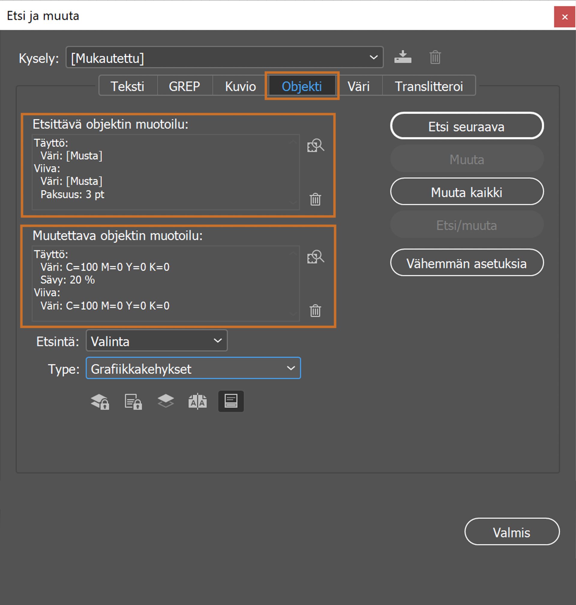 Etsi/Muuta-paneeli, josta Objekti-välilehti on valittuna 