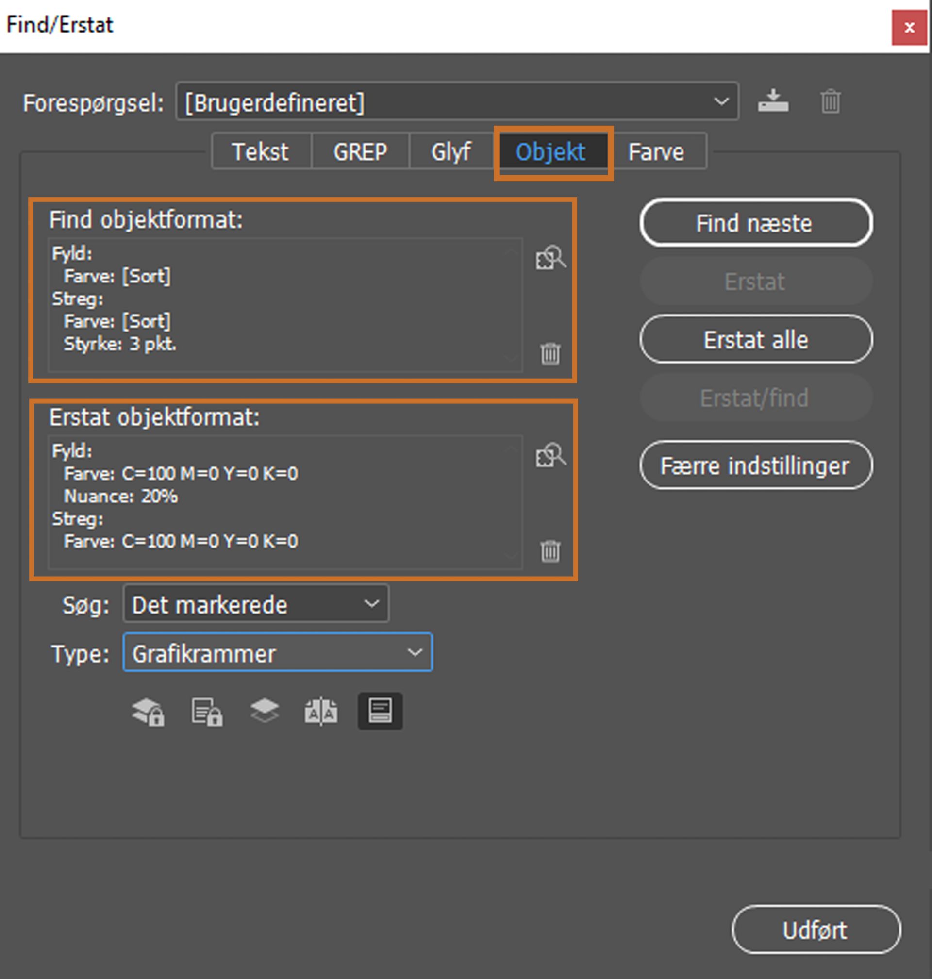 Panelet Find/Erstat panel med fanen Objekt valgt 