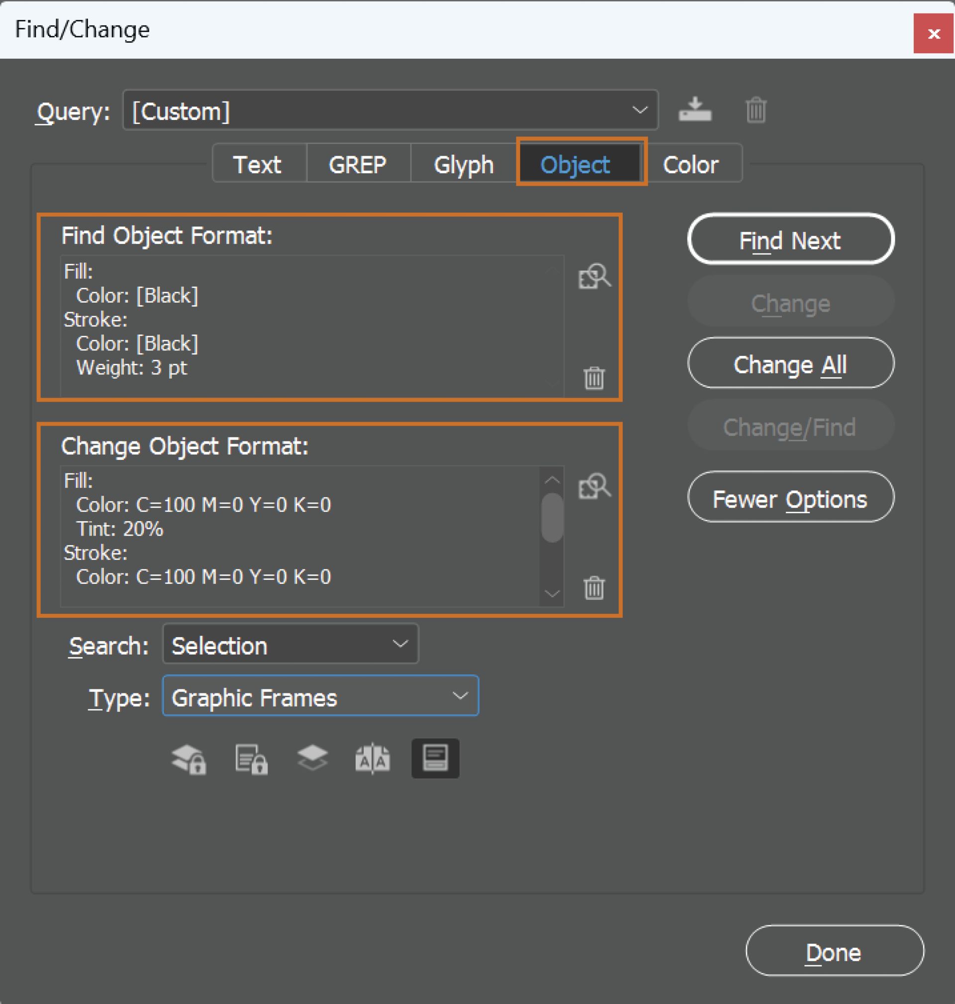 החלונית 'חיפוש/החלפה' כאשר הכרטיסייה 'אובייקט' נבחרה 