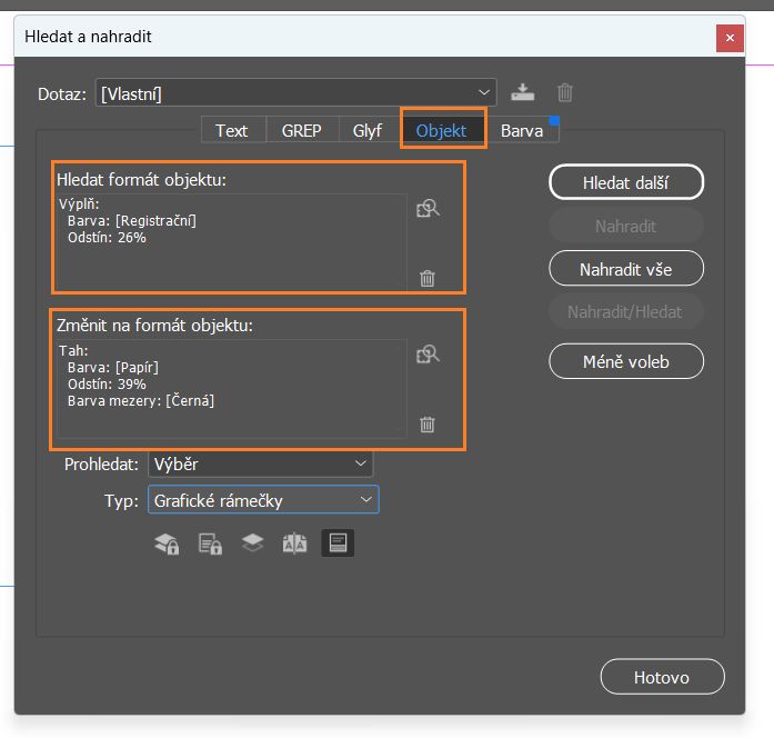 Panel Hledat a změnit s vybranou kartou Objekt 